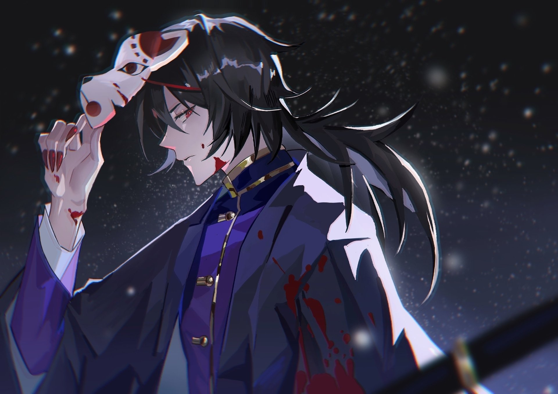 Giyuu Tomioka from Demon Slayer: Kimetsu no Yaiba — anime HD PC wallpaper showing him bloodstained, holding a fox mask beneath a snowy night sky.
