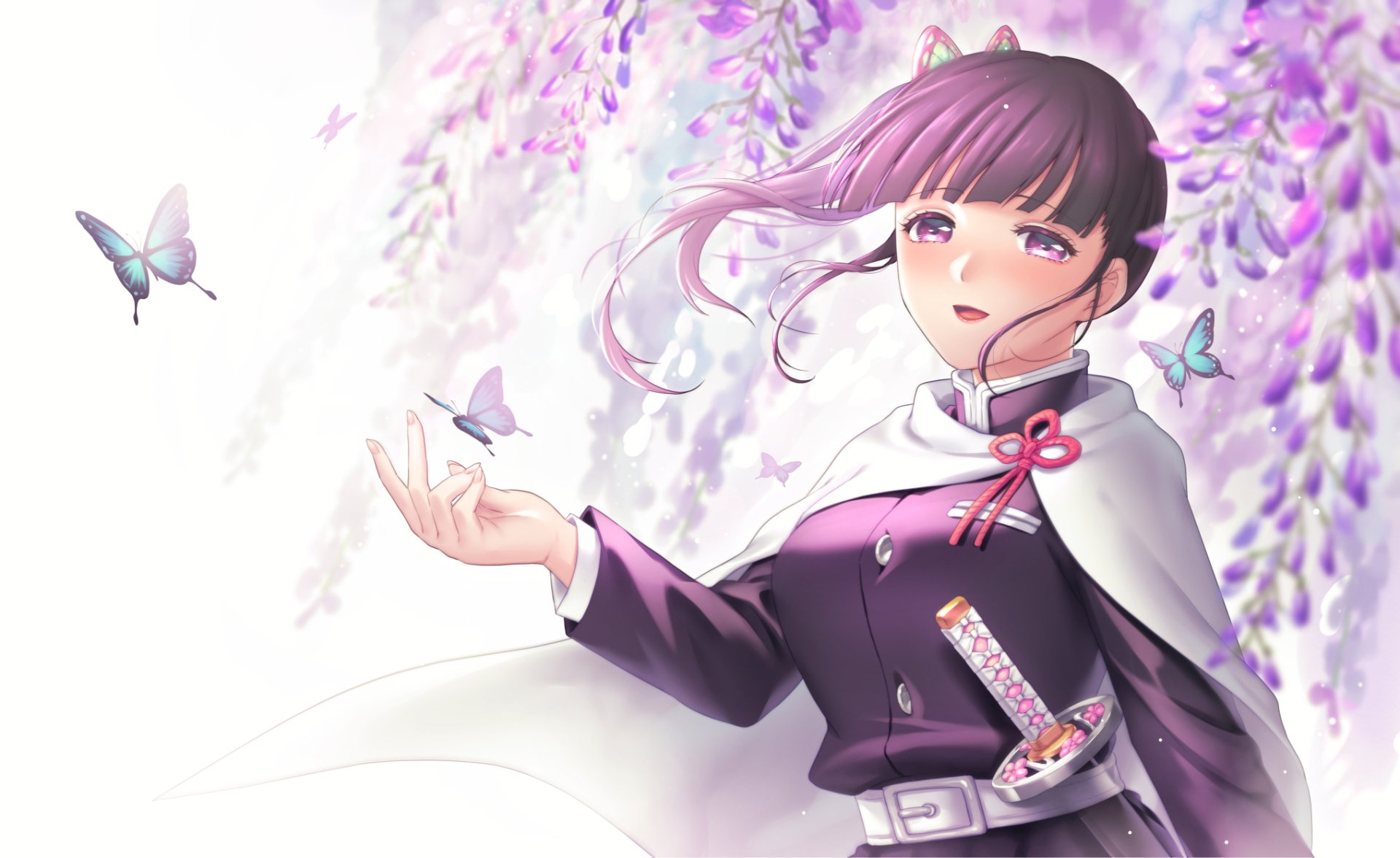 HD PC desktop wallpaper: Kanao Tsuyuri (Demon Slayer: Kimetsu no Yaiba) beneath wisteria, purple hair and white cape, holding butterflies.