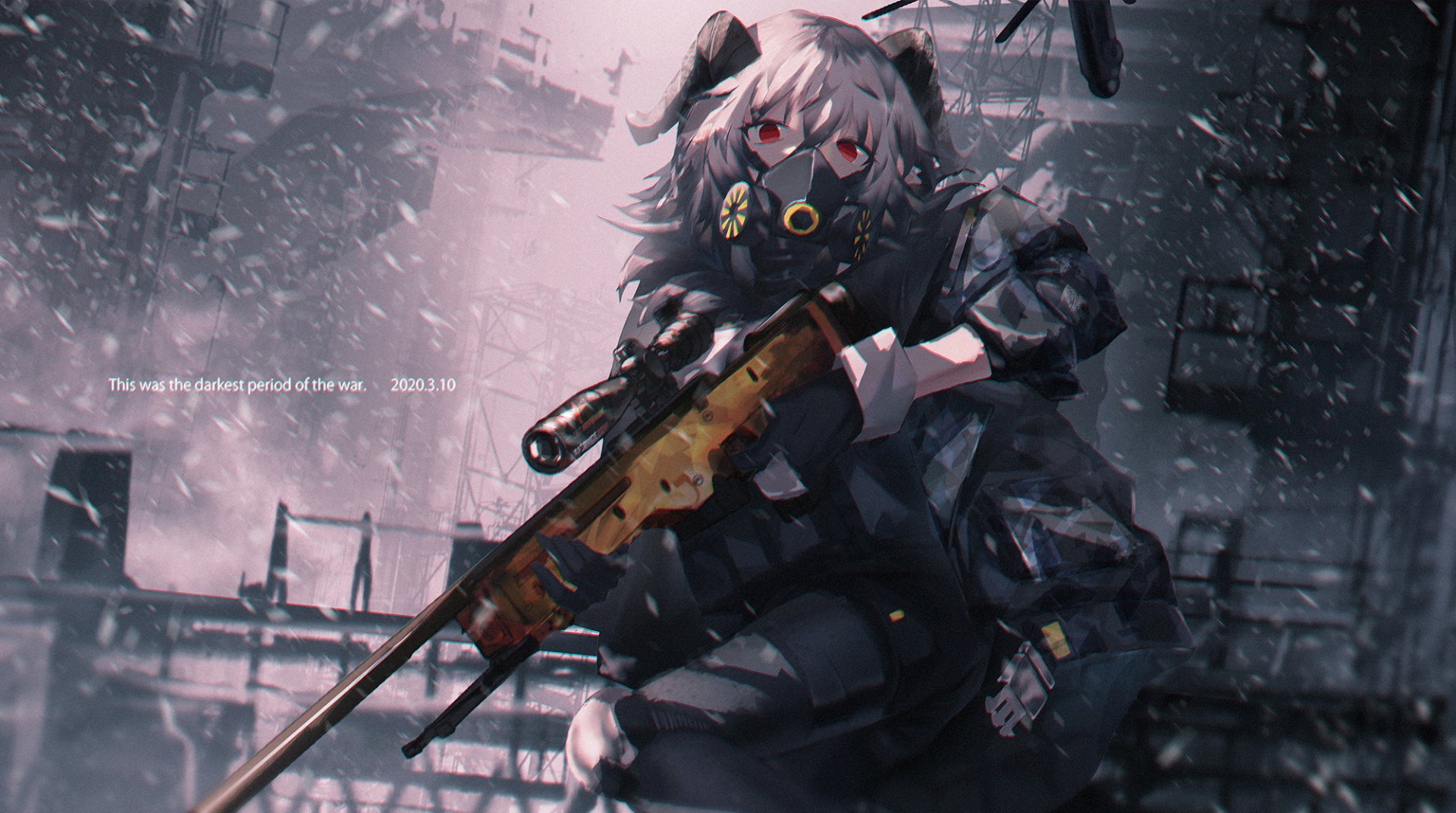 Download Sniper Rifle Horns White Hair Gas Mask Anime Girl Anime Girl ...