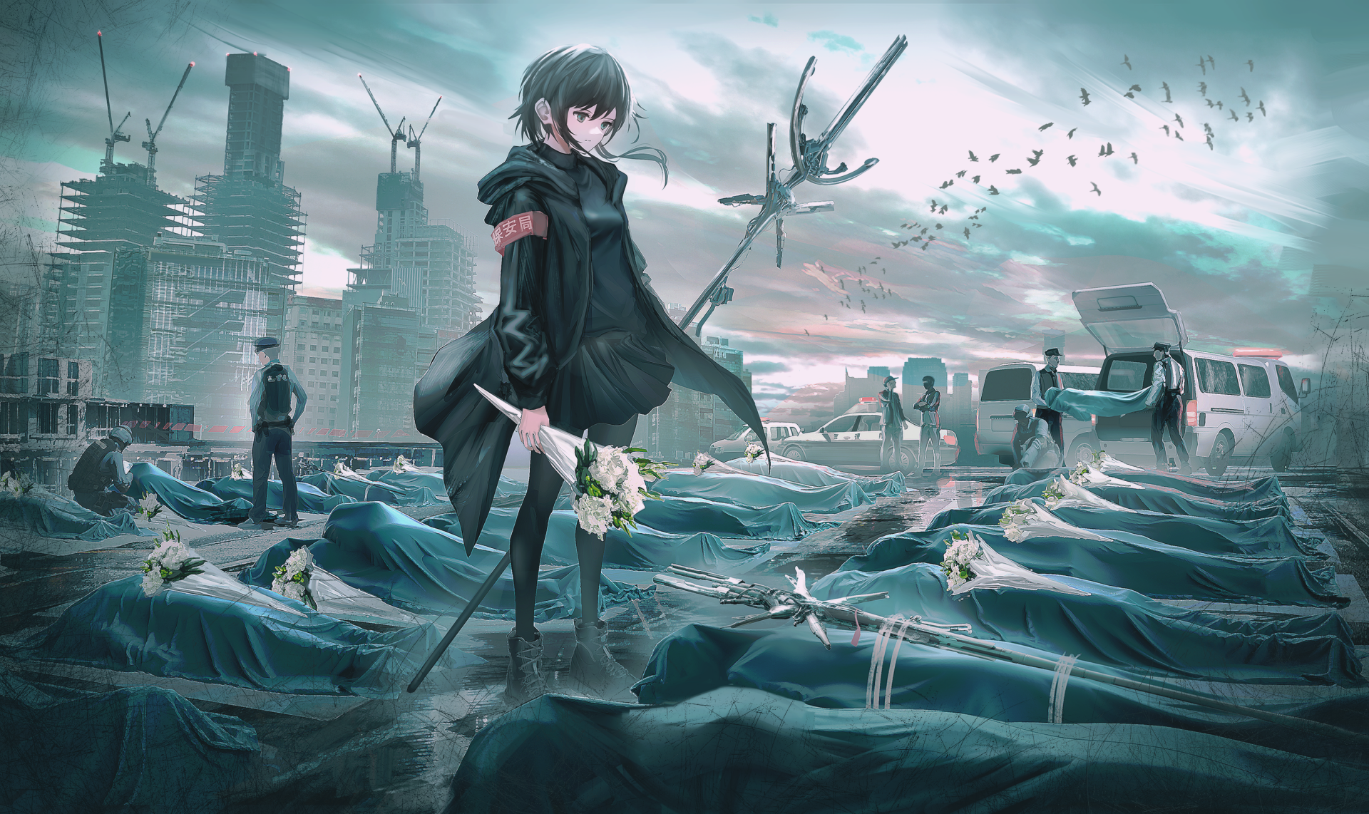 2K Quad HD PC wallpaper/background: anime girl in a black coat holds white flowers at a somber funeral among shrouded bodies, ruined cars and cranes beneath a teal, cloudy sky.