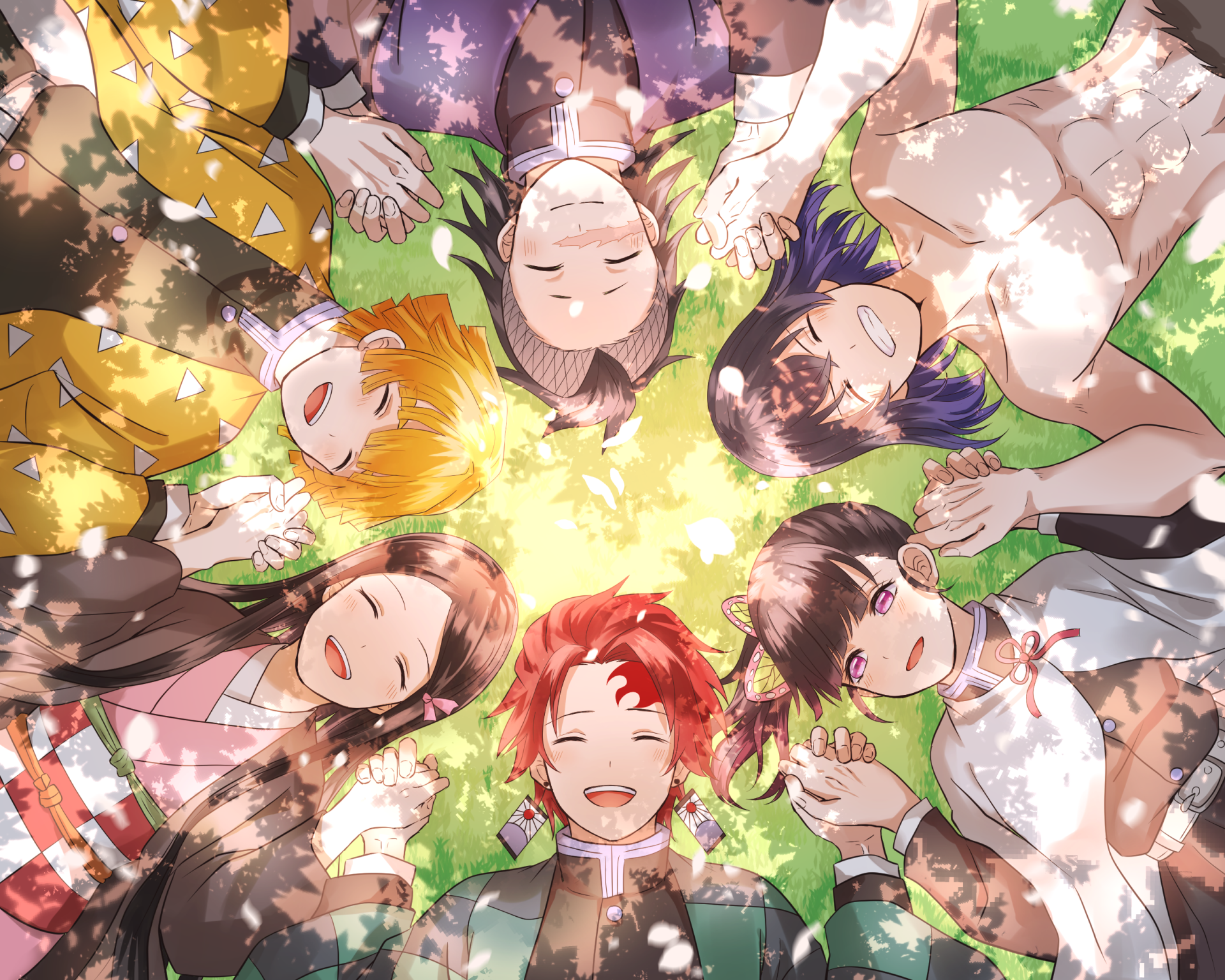 HD anime wallpaper of Demon Slayer: Kimetsu no Yaiba characters Kanao Tsuyuri, Nezuko Kamado, Inosuke Hashibira, Zenitsu Agatsuma, and Tanjiro Kamado smiling in a circle.