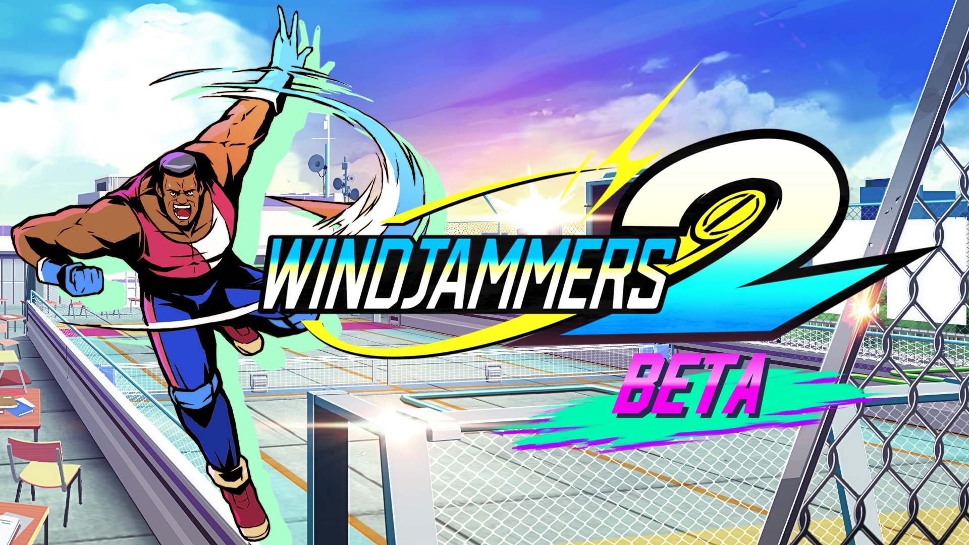 HD desktop wallpaper of Windjammers 2 game featuring a dynamic character in action with vibrant colors and beta version logo.
