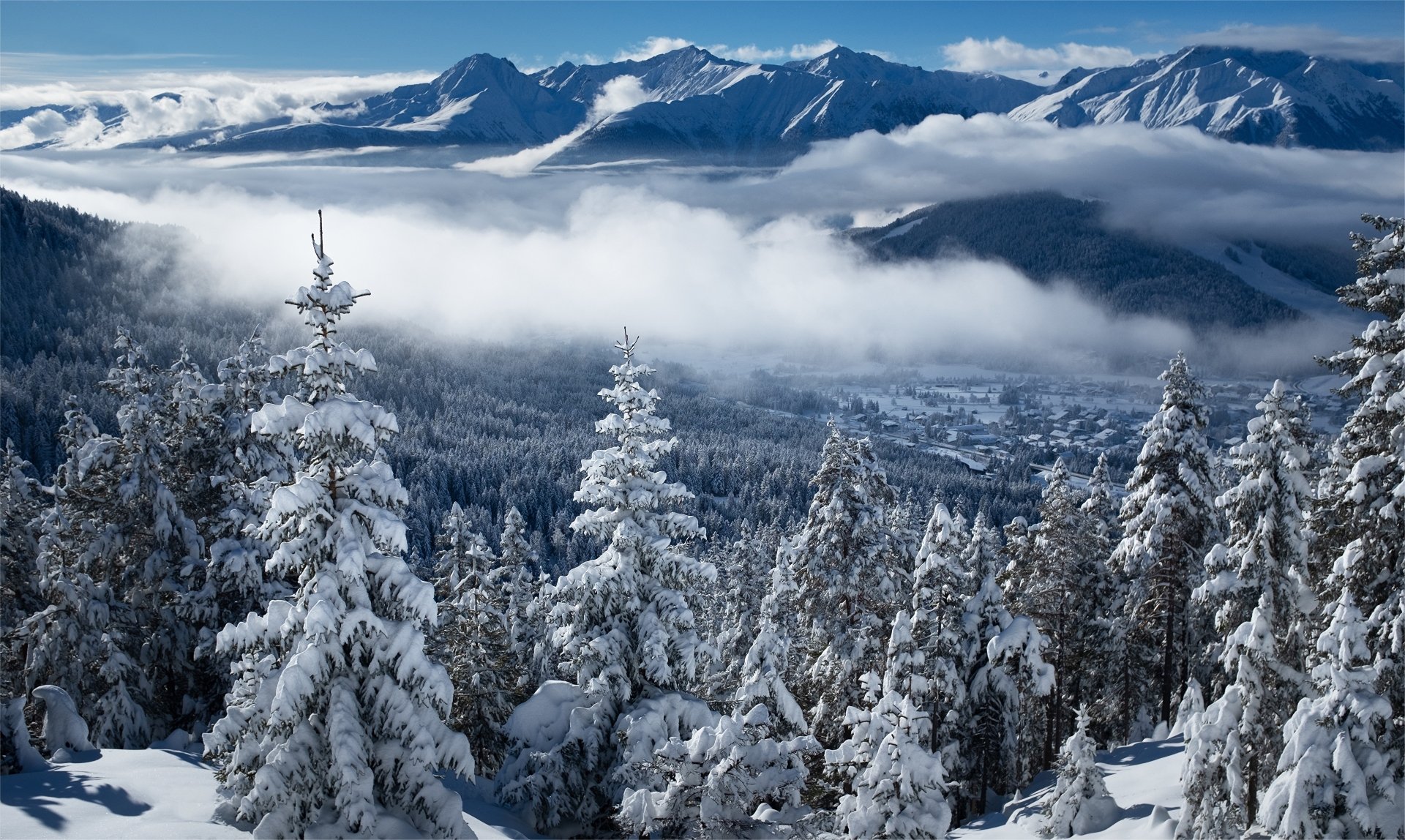 Snow-covered trees stand against a backdrop of the Austrian Alps under a clear blue sky, captured in a stunning 4K Ultra HD winter landscape.