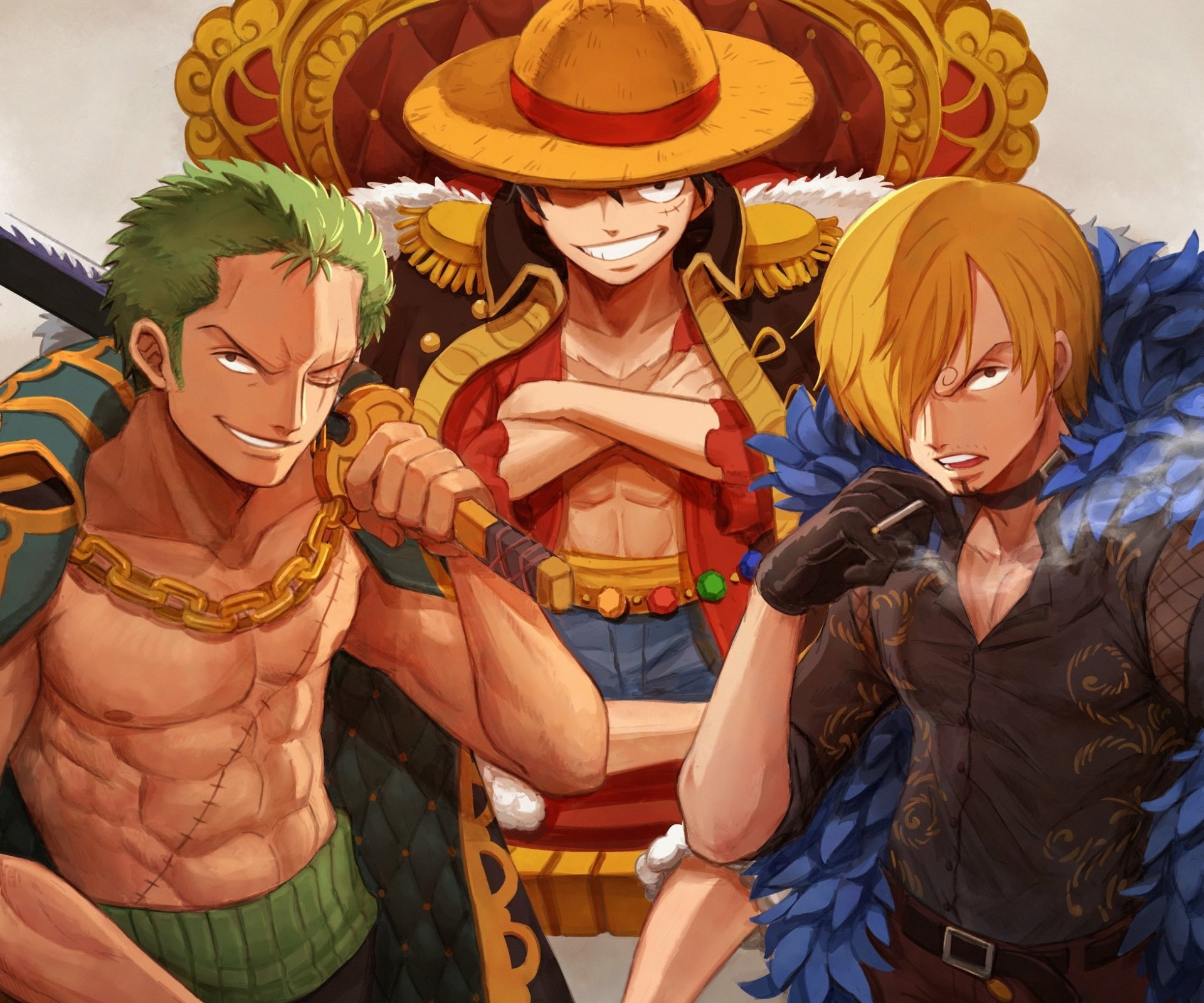 HD PC desktop wallpaper featuring One Piece characters Monkey D. Luffy, Roronoa Zoro, and Sanji from the Two Years Later arc in dynamic anime style.
