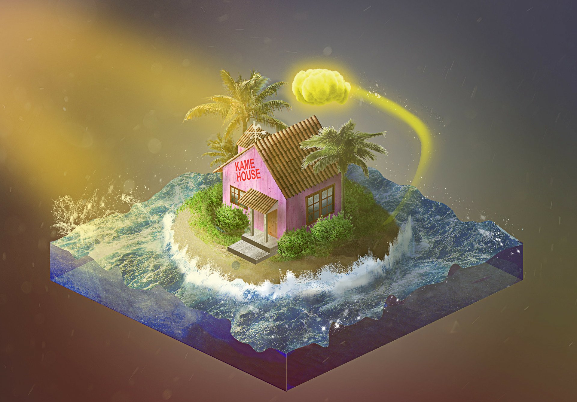 HD PC desktop wallpaper and background: stylized Dragon Ball anime Kame House on a tiny palm-covered island with crashing waves and a glowing energy orb overhead.