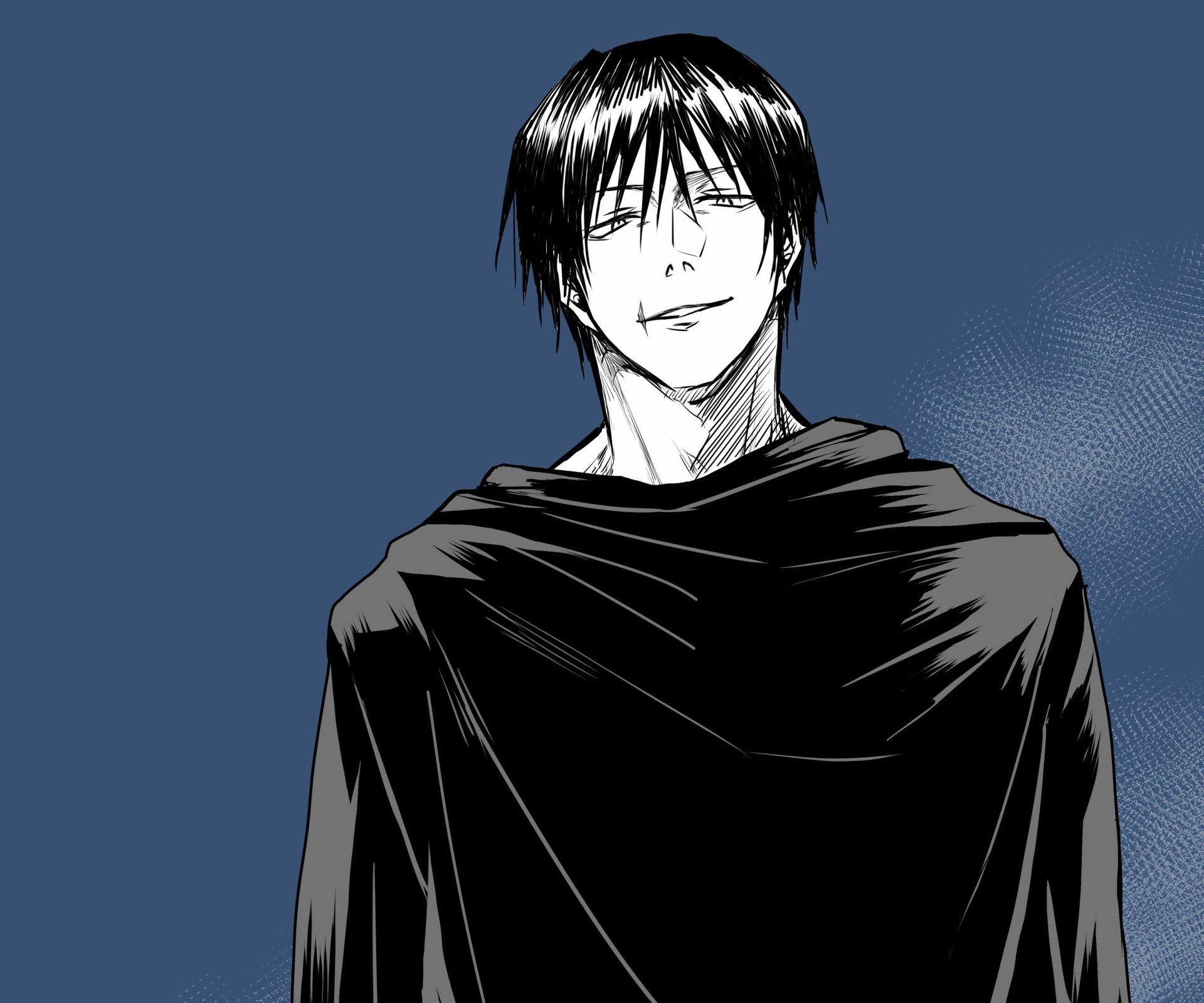 Toji Fushiguro from Jujutsu Kaisen: monochrome portrait, smirking in a dark cloak against a blue backdrop — 2K Quad HD anime PC desktop wallpaper/background