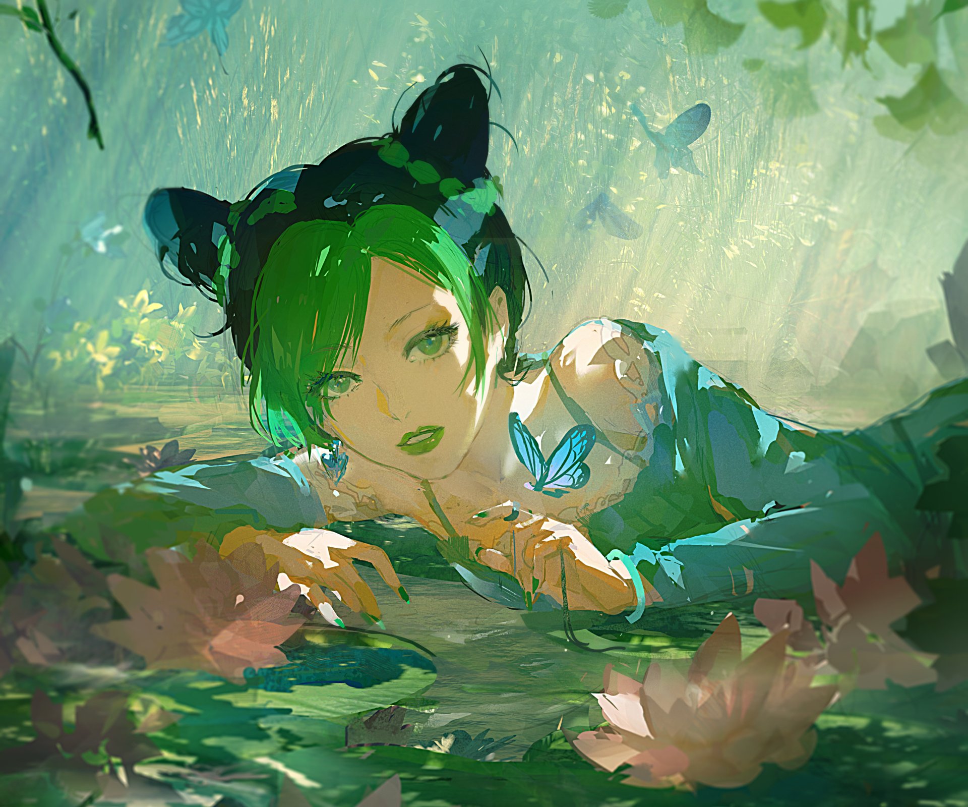 HD PC desktop wallpaper featuring Jolyne Cujoh from Stone Ocean in Jojo's Bizarre Adventure, depicted with green hair and a butterfly near her shoulder in a lush setting.
