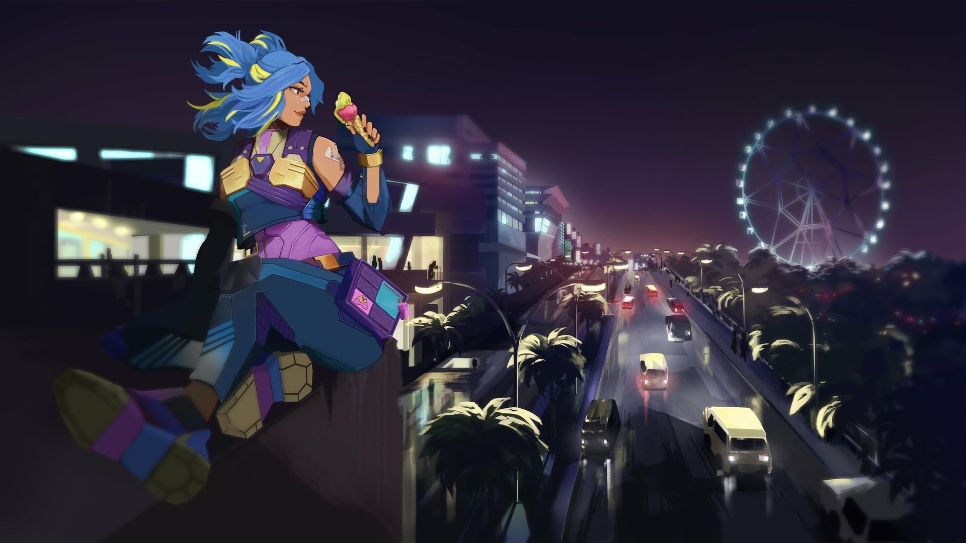 HD PC desktop wallpaper featuring Neon from Valorant, set against a vibrant cityscape at night with glowing lights and a large Ferris wheel in the background.