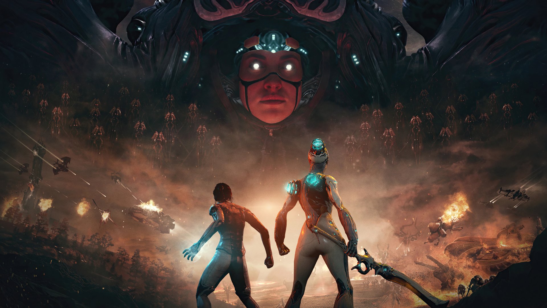 4K Ultra HD PC Desktop Wallpaper and Background from the video game Warframe: two Tenno confront a colossal floating enemy head looming over an army in a fiery battlefield.