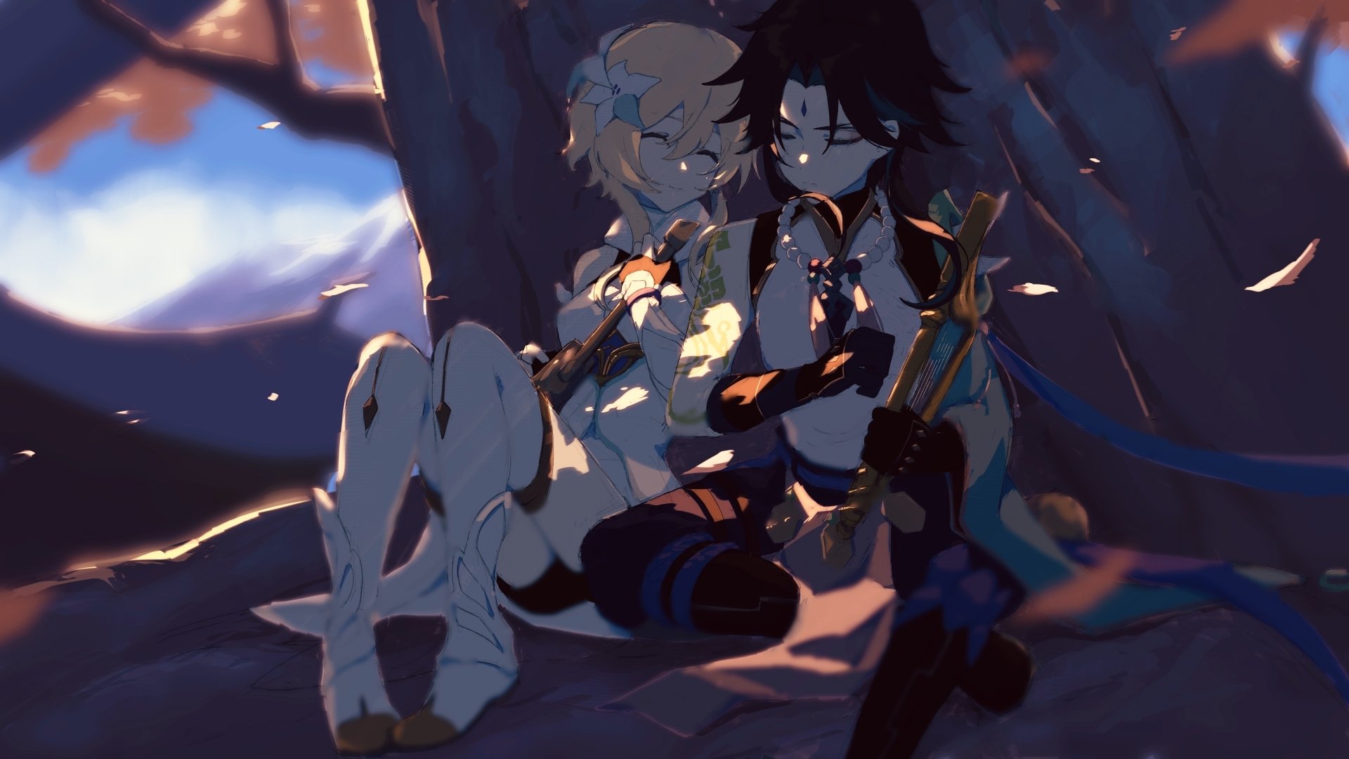 Lumine and Xiao (Genshin Impact) sit close beneath a moonlit tree as petals drift — 4K Ultra HD video game PC desktop wallpaper.