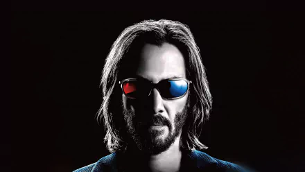 4K Ultra HD PC wallpaper: Neo from The Matrix Resurrections — long-haired man in red-and-blue 3D glasses on a black background.