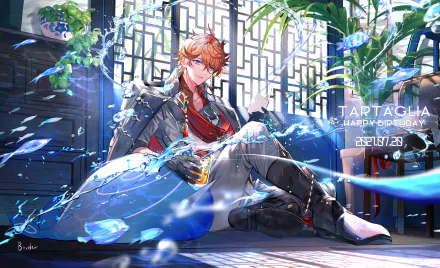 HD PC desktop wallpaper featuring Tartaglia Childe from the video game Genshin Impact, showcasing him in a dynamic pose with water effects and intricate background details.