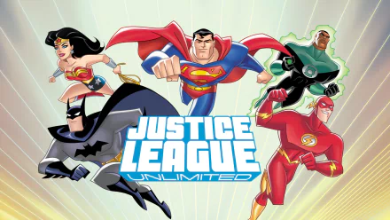 HD Justice League Unlimited wallpaper: Superman center with Wonder Woman, Batman, Flash (Wally West) and Green Lantern (John Stewart) in dynamic TV-show action.