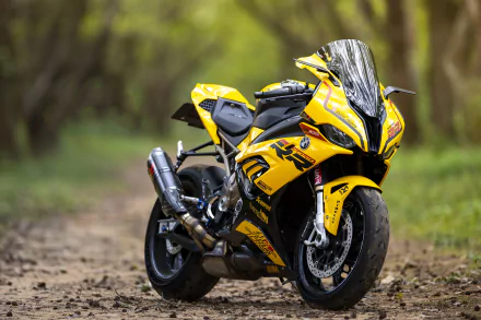 Yellow BMW S1000RR sportbike vehicle (BMW S1000) parked on a forest dirt path — high-detail 5K Ultra HD PC desktop wallpaper background.