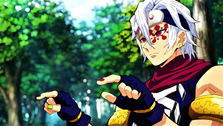 HD wallpaper featuring Tengen Uzui from the anime Demon Slayer: Kimetsu no Yaiba, depicted in a forest background.