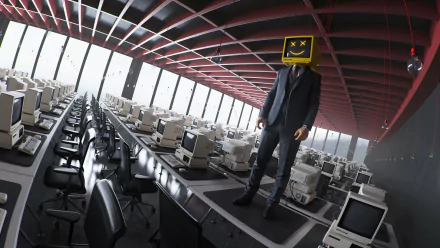 Man with digital head standing in futuristic server room with rows of computers, HD technology-themed desktop wallpaper.