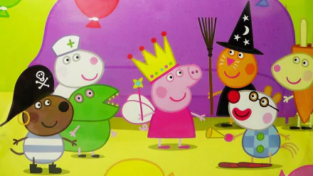 HD desktop wallpaper featuring characters from the TV show Peppa Pig, including Peppa in a crown, surrounded by friends in a colorful party setting with balloons and costumes.