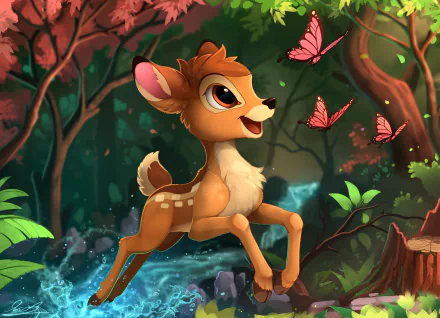 A vibrant HD wallpaper featuring Bambi, the fawn, joyfully playing in a forest with butterflies, capturing the enchanting spirit of the beloved movie.