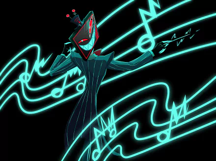Vox from the TV show Hazbin Hotel appears with glowing blue musical notes swirling around him in this 4K Ultra HD PC desktop wallpaper background.