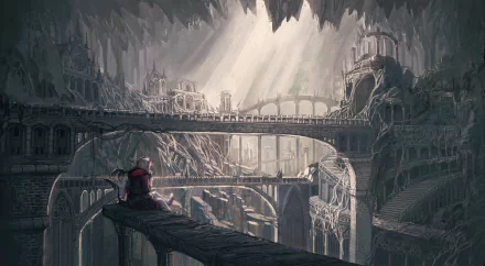 W from Arknights stands on a stone bridge in a vast, ancient cavern with intricate architecture, captured in a 4K Ultra HD video game wallpaper.