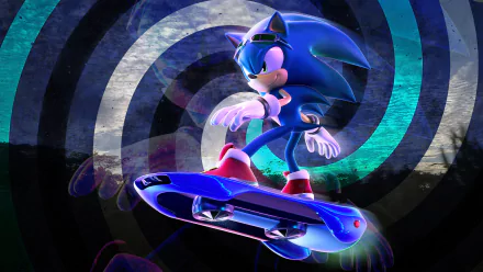 HD PC desktop wallpaper featuring Sonic the Hedgehog riding a futuristic hoverboard from the Sonic Riders video game series against a dynamic circular background.