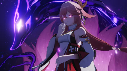 A stunning 4K Ultra HD wallpaper featuring Yae Miko Guuji from Genshin Impact, set against a mystical background with vibrant colors and ethereal elements.