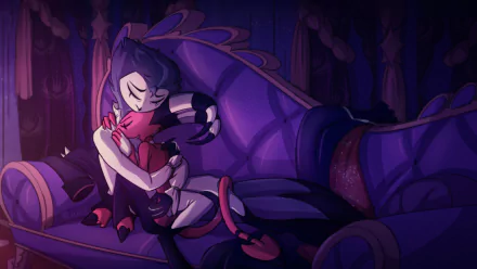 HD desktop wallpaper featuring Stolas and Blitzo from the TV show Helluva Boss, embracing on a luxurious purple couch in a dimly lit room.