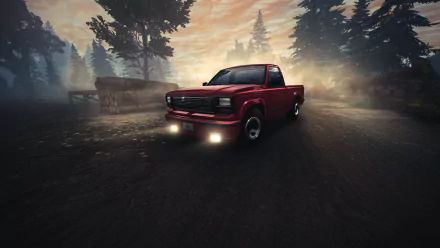 A vibrant HD wallpaper featuring a red pickup truck in BeamNG.drive, set against a moody forest backdrop with dramatic lighting and mist.