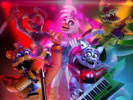 HD PC desktop wallpaper featuring Glamrock Freddy and other animatronic characters from the video game Five Nights at Freddy's: Security Breach in vibrant colors.