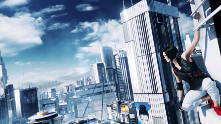 HD PC desktop wallpaper featuring Faith Connors from the video game Mirror's Edge Catalyst, poised on a rooftop overlooking a futuristic city skyline.