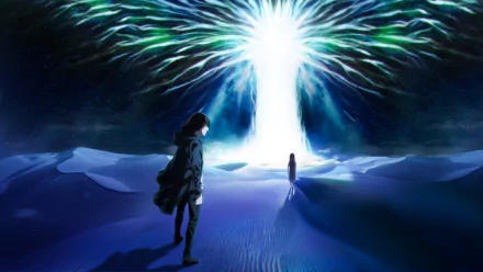 4K Ultra HD Attack on Titan anime wallpaper featuring Eren Yeager standing in a vast, dark landscape facing a radiant, otherworldly light with ethereal, colorful wings.