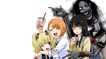 4K Ultra HD PC wallpaper of Mieruko-chan: Yuria Niguredou, Hana Yurikawa and Miko Yotsuya laughing with drinks while a sinister ghostly figure looms behind them.