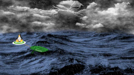 HD PC desktop wallpaper: Linux Tux on a Linux Mint–themed raft tethered to a green rowboat amid a stormy, lightning-lit ocean under dark clouds, technology background.