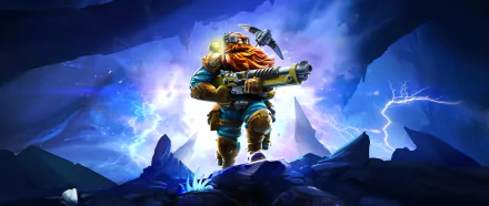 HD desktop wallpaper featuring a character from Deep Rock Galactic video game, set against a dynamic backdrop with vivid blue tones and lightning effects.