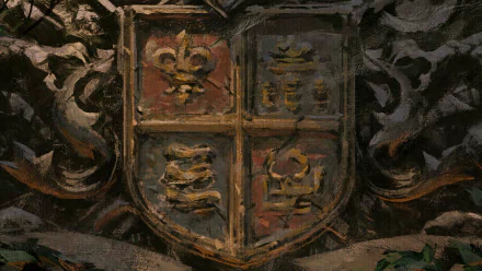 Crusader Kings III HD desktop wallpaper featuring a detailed coat of arms with four quadrants, surrounded by ornate foliage designs.