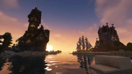 8K Ultra HD Minecraft desktop wallpaper showcasing a detailed sunset scene with medieval towers and a sailing ship on calm water.