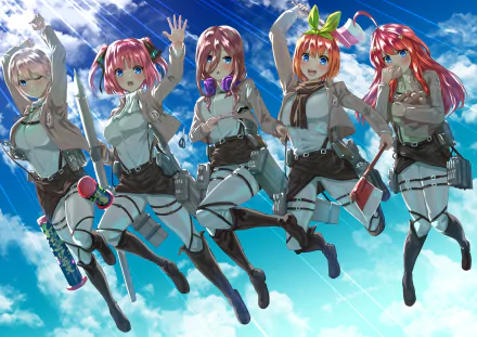 HD anime desktop wallpaper featuring Yotsuba, Nino, Miku, Ichika, and Itsuki Nakano from The Quintessential Quintuplets, all jumping joyfully against a bright blue sky.
