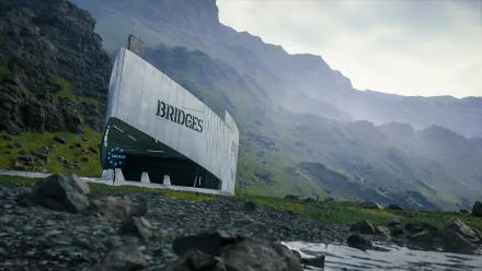 4K Ultra HD PC wallpaper featuring a Bridges cargo container from the video game Death Stranding set against a rugged, misty mountainous landscape.