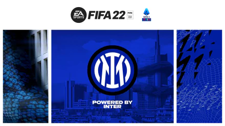 FIFA 22 4K Ultra HD PC wallpaper showing the Inter Milan crest over a blue cityscape, Powered by Inter text and EA Sports FIFA 22 logo.