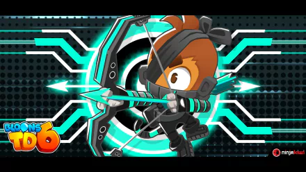 A vibrant HD desktop wallpaper featuring a character from Bloons TD 6, showcasing a ninja design with a bow and arrow against a dynamic teal and black background.