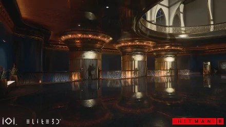 HD desktop wallpaper featuring an opulent Hitman 3 game scene with luxurious interiors and reflective floors.