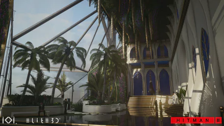 HD wallpaper of Hitman 3 featuring a luxurious tropical setting with palm trees and a grand building, showcasing the game's intricate graphics.
