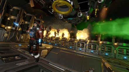 Space engineer character inside a spacecraft with green light effects and explosions, HD desktop wallpaper.