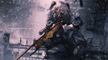 Anime girl with white hair and horns wearing a gas mask, holding a sniper rifle in a detailed urban setting, designed as an HD PC desktop wallpaper.