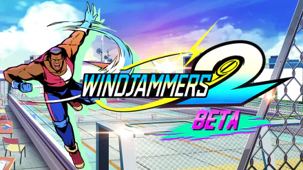 HD desktop wallpaper of Windjammers 2 game featuring a dynamic character in action with vibrant colors and beta version logo.