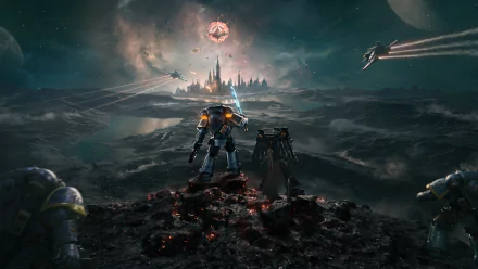 A 4K Ultra HD Warhammer 40k video game scene shows armored warriors overlooking a dark, futuristic battlefield with a distant glowing emblem and flying craft overhead.