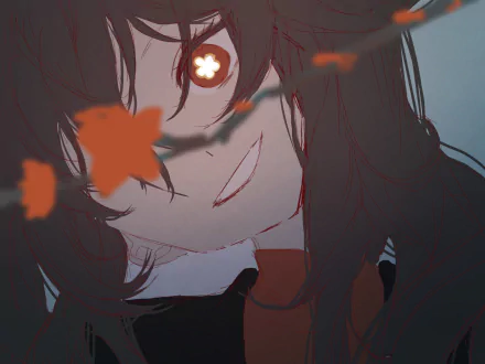 Close-up stylized portrait of Hu Tao from Genshin Impact with a mischievous smile and drifting orange petals — HD PC desktop wallpaper.