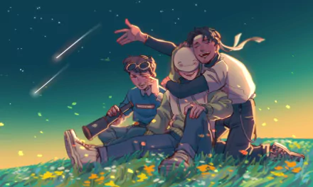 4K Ultra HD Dream SMP video game wallpaper featuring three characters sitting on a flower-covered hill under a starry sky with shooting stars.