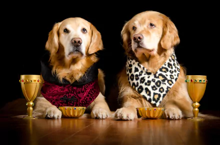 Two golden retriever dogs dressed in luxurious clothing, lying on a polished surface with ornate goblets and bowls, captured in a 4K Ultra HD PC desktop wallpaper.