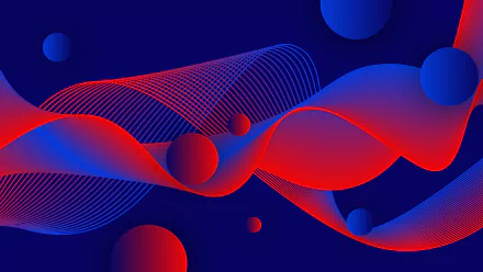 Abstract 4K Ultra HD desktop wallpaper featuring flowing red and blue waves, spheres, and dynamic lines against a deep blue background.